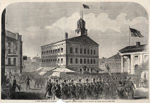 Een nieuw regiment vrijwilligers uit Massachusetts passeert Faneuil Hall, Boston, op weg naar de oorlog. door Winslow Homer