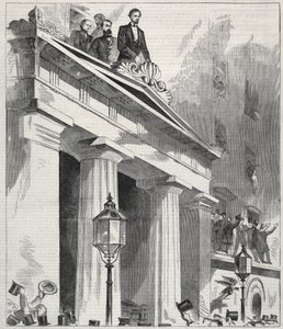 Abraham Lincoln, De verkozen president, toespreekt het volk vanaf het balkon van het Astor House..., 1861 door Winslow Homer