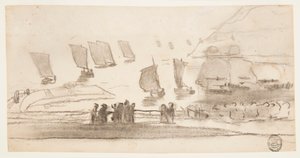 Tekening, Strandgezicht met mensen en vissersboten, Cullercoats, Engeland, 1881-82 door Winslow Homer