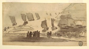 Tekening, Strandgezicht met mensen en vissersboten, Cullercoats, Engeland, 1881-82 door Winslow Homer
