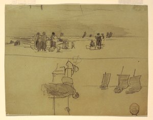 Tekening, Strandgezicht met vrouwen die manden dragen, Cullercoats, Engeland, 1881-82 door Winslow Homer