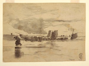 Tekening, Strand bij eb, Cullercoats, Engeland, 1881 door Winslow Homer