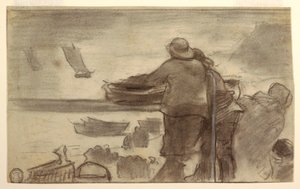 Tekening, Strand met boten en mensen, Cullercoats, Engeland, 1881-82 door Winslow Homer