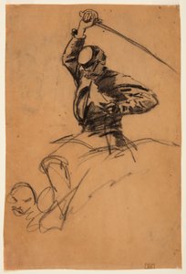 Tekening, cavaleriesoldaat met zwaard te paard, 1863