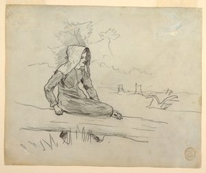 Tekening, Meisje zittend op een boomstam, 1879 door Winslow Homer