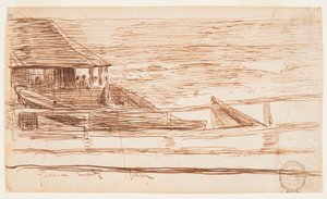 Tekening, Huis aan een reling met gestrande dories, Cullercoats, Engeland, 1881 door Winslow Homer