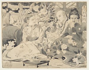 Tekening, Internationaal theekransje, ca. 1867 door Winslow Homer