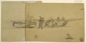 Tekening, Mannen en vrouwen lossen een vissersboot, Cullercoats, Engeland, 1881-82 door Winslow Homer