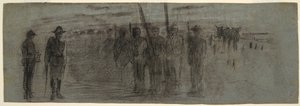 Tekening, officier en adjudant inspecteren een eskader, mogelijk 1864 door Winslow Homer