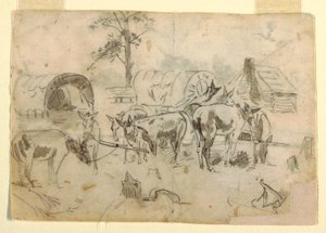 Tekening, rustende muilezels vastgebonden aan wagens, 1862 door Winslow Homer
