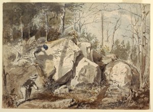 Tekening, Een eekhoornval opzetten, ca. 1855 door Winslow Homer