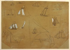 Tekening, Schetsen van zeilboten, Cullercoats, Engeland, 1881-82 door Winslow Homer