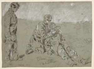 Tekening, soldaat geeft water aan gewonde kameraad, 1864 door Winslow Homer
