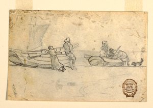 Tekening, Twee boten op strand met figuren, Cullercoats, Engeland, 1881-82 door Winslow Homer