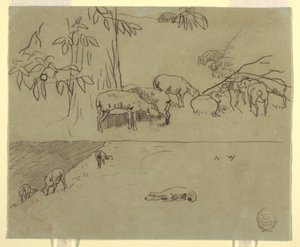 Tekening, Twee aanzichten van grazende schapen in een veld, waarschijnlijk 1875-78 door Winslow Homer
