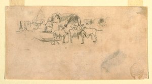 Tekening, wagontrein in het kamp, 1862 door Winslow Homer