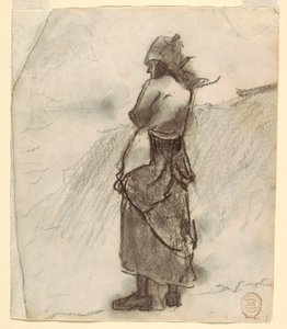 Tekening, Vrouw kijkt uit op zee, Cullercoats, Engeland, 1881-82 door Winslow Homer