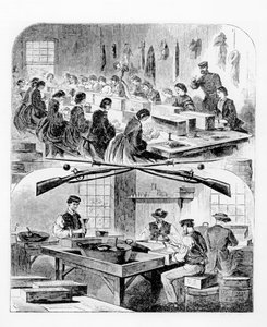 Patronen vullen in het arsenaal in Watertown, Massachusetts, 1860s