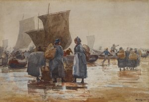Vissersvolk op het strand bij Cullercoats
