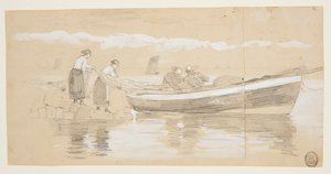 Visser en Vrouwen die Netten Opruimen in een Gestrande Dory, Cullercoats, Engeland door Winslow Homer