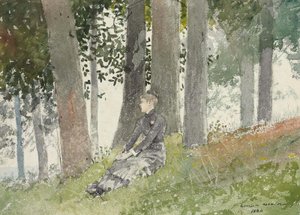 Zittend meisje in een bosje door Winslow Homer