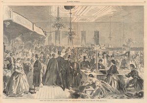 Grote kermis gehouden in de stadsvergaderzalen, New York, december 1861, ten behoeve van de stadsarmen; uit Harper