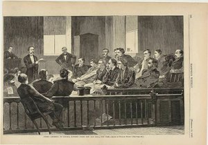 Juryleden luisteren naar raadslieden, Hooggerechtshof, New City Hall, New York door Winslow Homer