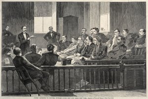 Juristen luisteren naar de raadsman, Hooggerechtshof, New City Hall, New York, 1869