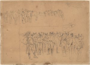 Officieren en paarden in rust door Winslow Homer