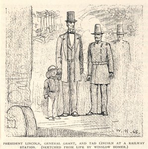 President Lincoln, generaal Grant en Tad Lincoln op een treinstation, uit The Century Magazine, november 1887 door Winslow Homer