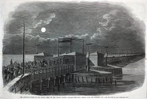 De voorhoede van het Grote Leger van de Verenigde Staten steekt de Long Bridge over de Potomac over om 2 uur 