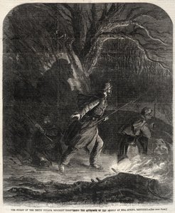 De wachtpost van het tiende Indiana Regiment ontdekt de nadering van de rebellen door Winslow Homer