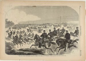 De cavalerie en artillerie van de Unie zetten de achtervolging in op de rebellen op de Yorktown Turnpike door Winslow Homer