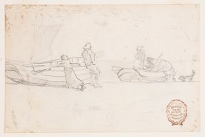 Twee Boten op het Strand met Figuren, Cullercoats, Engeland door Winslow Homer