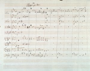 Pagina van de muzikale partituur van Symfonie nr. 8 in D majeur, door Mozart (1768) door Wolfgang Amadeus Mozart