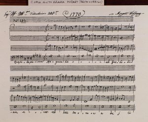 Bladmuziekpagina voor Querite primum regnum Dei door Mozart om de titel van Accademia filarmonico te verkrijgen, versie gecorrigeerd door vader Martini (1770)