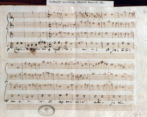 Bladmuziekpagina van Querite primum regnum Dei door Mozart om de titel van Accademico filarmonico te verkrijgen (1770)