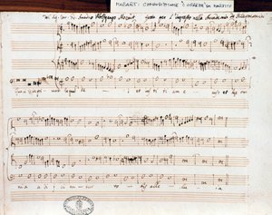 Bladmuziekpagina van Querite primum regnum Dei door Mozart om de titel van Accademico filarmonico te verkrijgen (1770)
