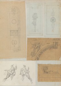 Pagina uit een plakboek met tekeningen en verschillende prenten van architectuur