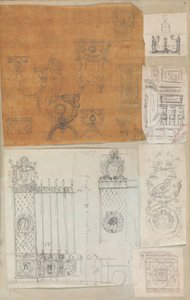 Pagina uit een plakboek met tekeningen en verschillende prenten van architectuur, ca. 1800-1850. Makers: Werkplaats van Charles Percier, Werkplaats van Pierre François Léonard Fontaine
