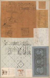 Pagina uit een plakboek met tekeningen en verschillende prenten van architectuur, ca. 1800-1850