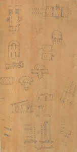Pagina uit een plakboek met tekeningen en verschillende prenten van architectuur, ca. 1800-1850. Makers: Werkplaats van Charles Percier, Werkplaats van Pierre François Léonard Fontaine