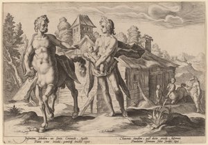 Apollo vertrouwt Chiron de opvoeding van Asclepius toe
