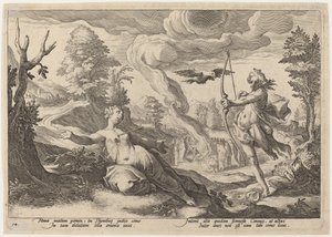 Apollo Doodt Coronis door Workshop of Hendrick Goltzius, after Hendrick Goltzius