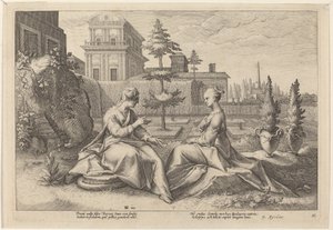 Juno in de Vorm van Beroe, Waarschuwt Semele door Workshop of Hendrick Goltzius, after Hendrick Goltzius