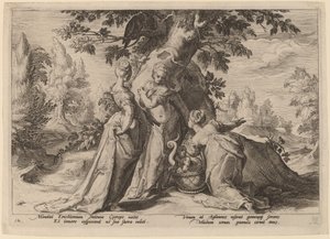 De dochters van Cecrops openen de kist die hen door Minerva is toevertrouwd door Workshop of Hendrick Goltzius, after Hendrick Goltzius