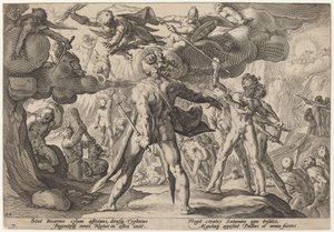 De reuzen beklimmen de hemel door Workshop of Hendrick Goltzius, after Hendrick Goltzius