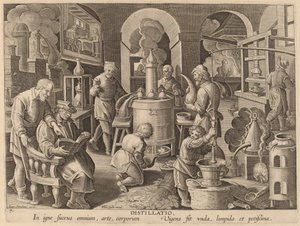 Distillatie door Workshop of Philip Galle after Jan van der Straet