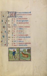 Een Jonge Man die een Bladerige Tak Draagt; Dierenriemteken Stier door Workshop of Willem Vrelant