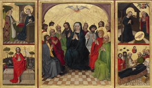 Altaarstuk van de Heilige Geest open. Pinksteren, Aankondiging, Geboorte, Opstanding van Christus en Dood van de Maagd, ca. 1448 door Workshop of the Wolfgang Retable